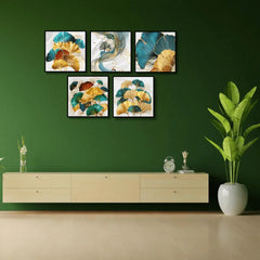 Green Blue Yellow Gold Leaf Plant Flower (5panel) Wall Art