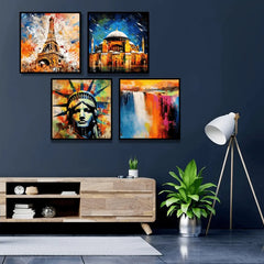 Liberty Statue Eiffel Tower & Hagia Sophia (4Panel) Wall Art