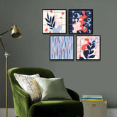 Vintage Blue Pink Abstract Leaf Shape (4Panel) Wall Art