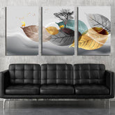 Abstract Grey Gold Blue Leaves (3panel) | Wall Art