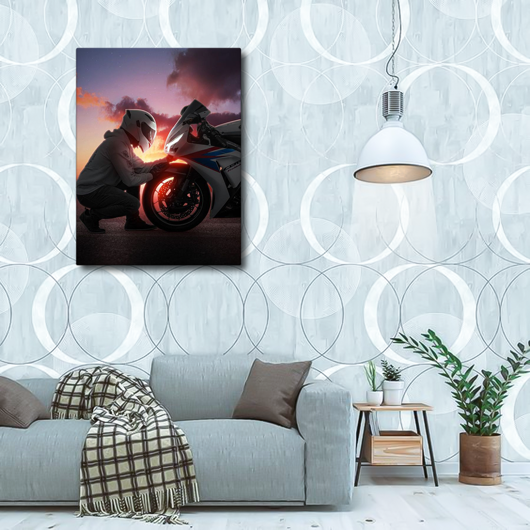 SUNSET Motorcycle Rider Canvas Frames Wall Art