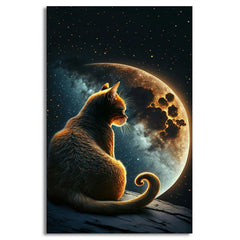 Golden Cat With Moon | Handmade Painting | Wall Art