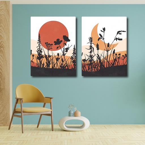 Set of 2 Sun Moon Mountain Botanical Canvas