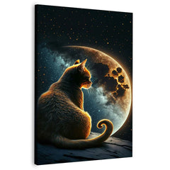 Golden Cat With Moon | Handmade Painting | Wall Art