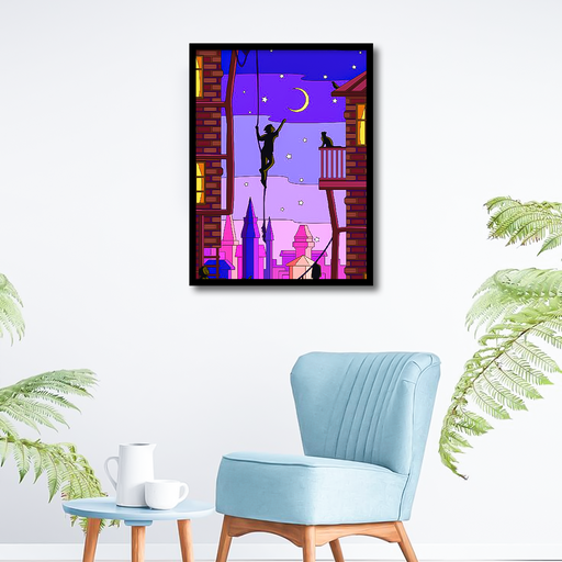 Boy hanging on the rope and touching the moon Canvas Frames