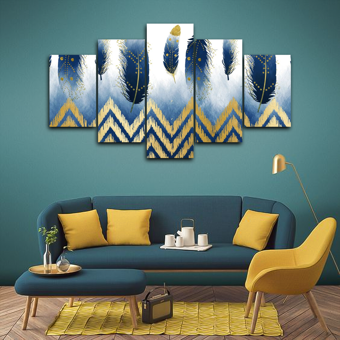 Blue Gold Leafs Canvas Frames (5panel) | Wall Art