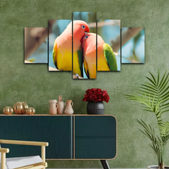 Cute Green Couple Parrot Birds Canvas Frames (5panel) | Wall Art