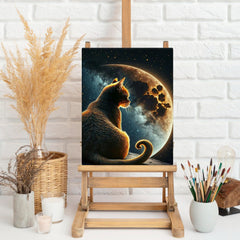 Golden Cat With Moon | Handmade Painting | Wall Art