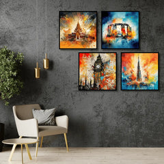 Temple,Stonehenge, clock tower & Burj Khalifa (4Panel) Wall Art