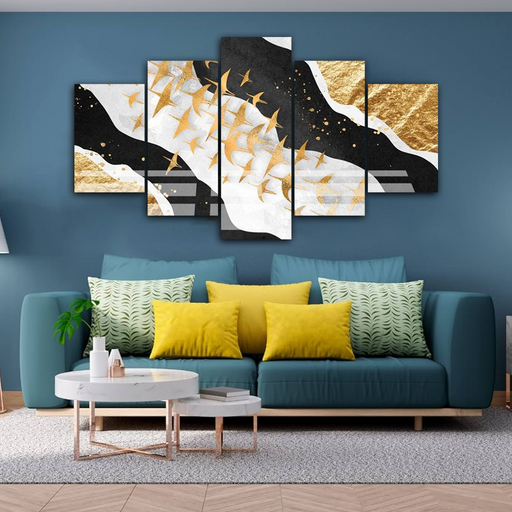 Golden Birds Black and White River Canvas Frames