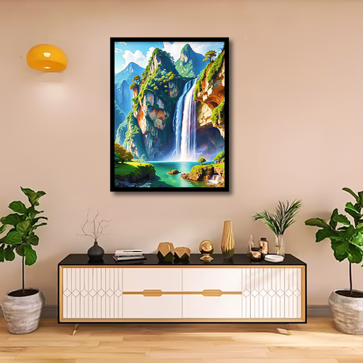 A Scenic Mountain Range with a Waterfall Canvas Frames