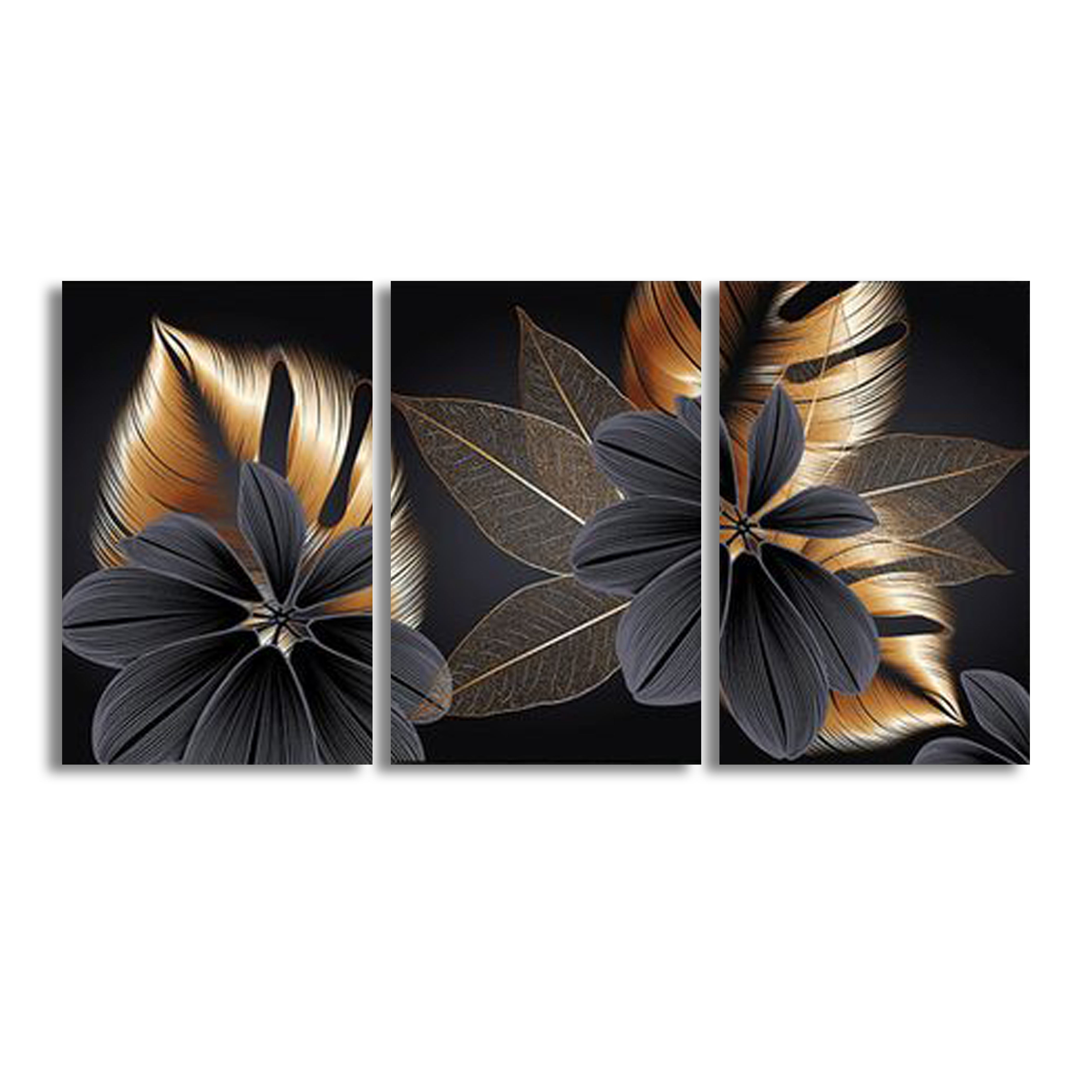 Black Golden Plant Leaf (3panel) | Wall Art