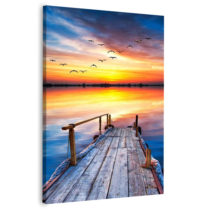 Dock with Seagulls at Sunset Canvas Wall Art