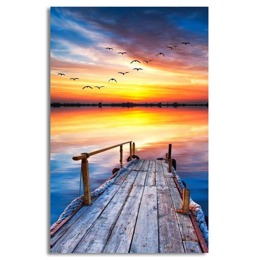 Dock with Seagulls at Sunset Canvas Wall Art